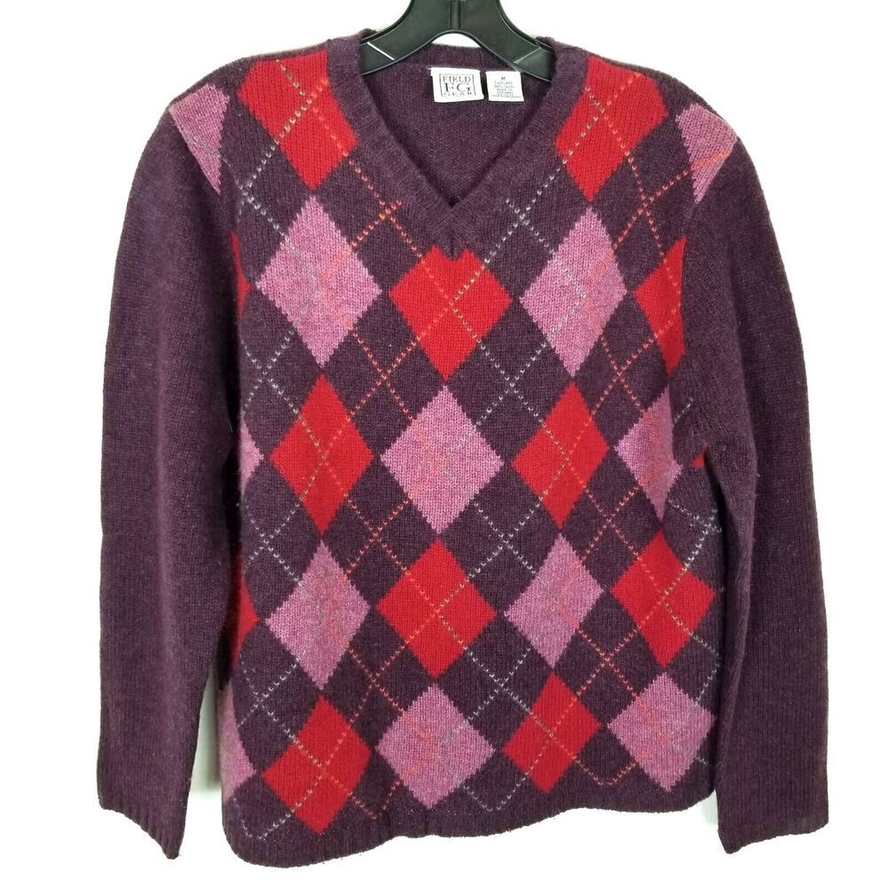 Field Gear Women Shetland Wool Diamond Sweater Pullover Sz M Purple Warm